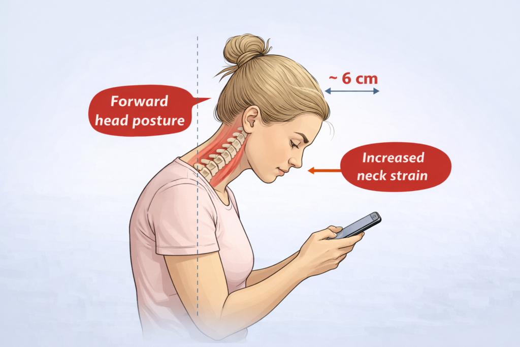 Woman using a smartphone with forward head posture, showing increased neck strain